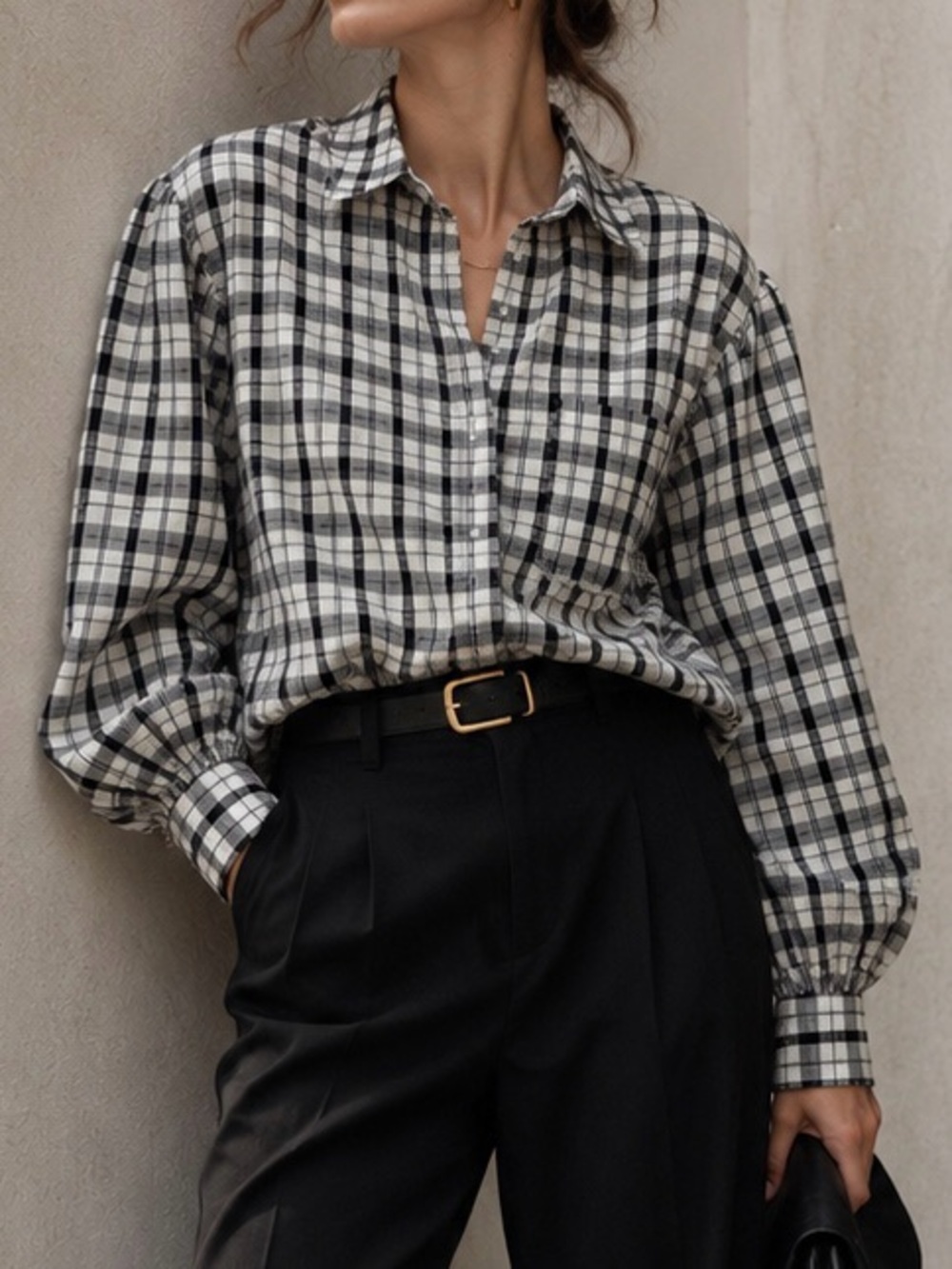 Classic Black & White Plaid Button-Down Shirt